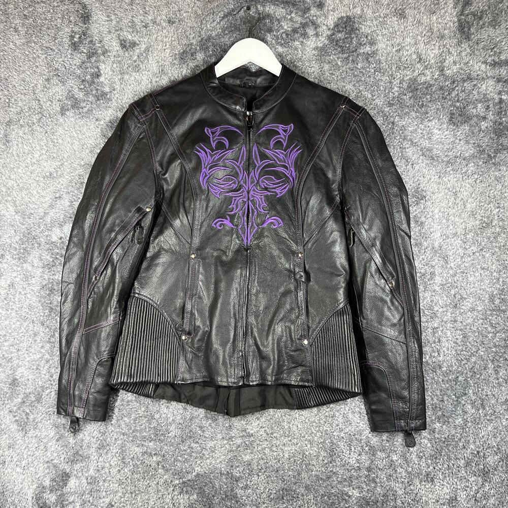 Speed & Strength Jacket Mens S Black Leather Motorcycle Embroidered Purple Trim